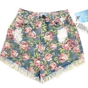 Show Me Your Mumu Toledo Tear Drop Floral High Waist Frayed Hem Denim Shorts NWT